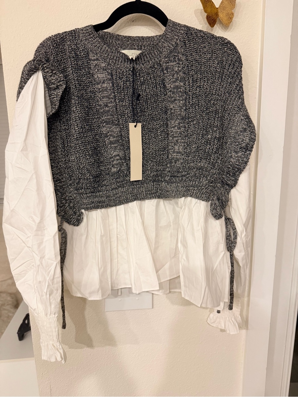 Pinch Gray Knit Pullover with White Shirt Overlay slightly oversize